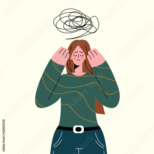 Girl in Stress and Depression. Depressed woman with Bewildered Thoughts in Mind Feel Unhappy Emotions, Mental Disease.  Vector illustration in flat cartoon style.