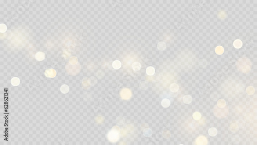 Golden dust light png. Christmas glowing bokeh confetti and sparkle overlay texture for your design. Stock royalty free vector illustration. PNG	