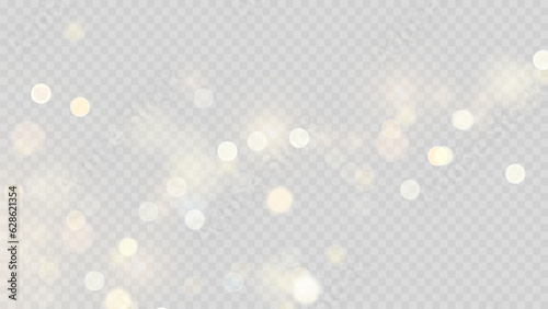 Golden dust light png. Christmas glowing bokeh confetti and sparkle overlay texture for your design. Stock royalty free vector illustration. PNG	