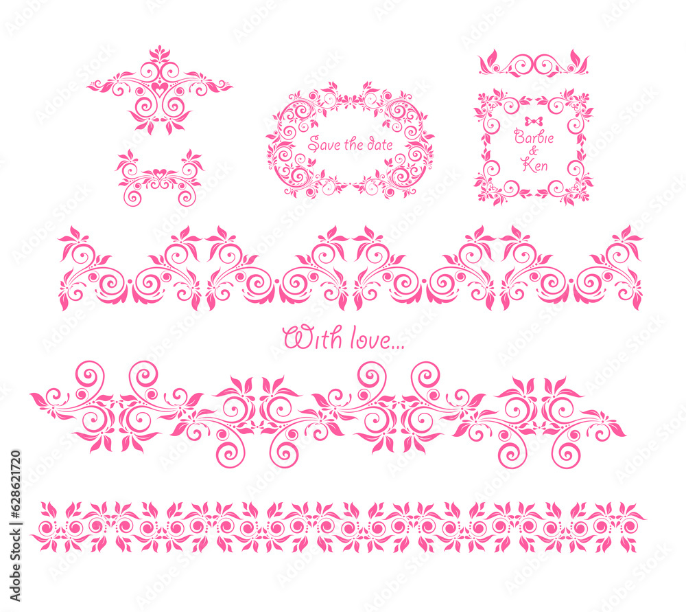 Beautiful pink floral decorative frames, headers and seamless borders set for baby girl arrival greeting card, fashion embroidery, book decor or wedding in Barbie style. Part 3