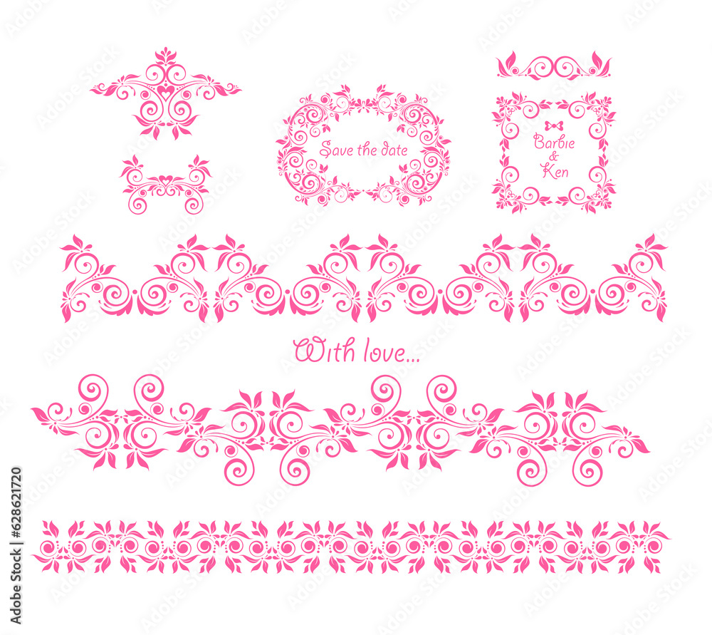 Beautiful pink floral decorative frames, headers and seamless borders set for baby girl arrival greeting card, fashion embroidery, book decor or wedding in Barbie style. Part 3 Beautiful pink floral decorative frames, headers and seamless borders set for baby girl arrival greeting card, fashion embroidery, book decor or wedding in Barbie style. Part 3