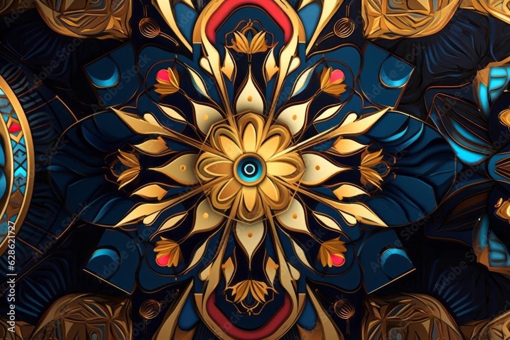 an abstract design with gold and blue flowers on it