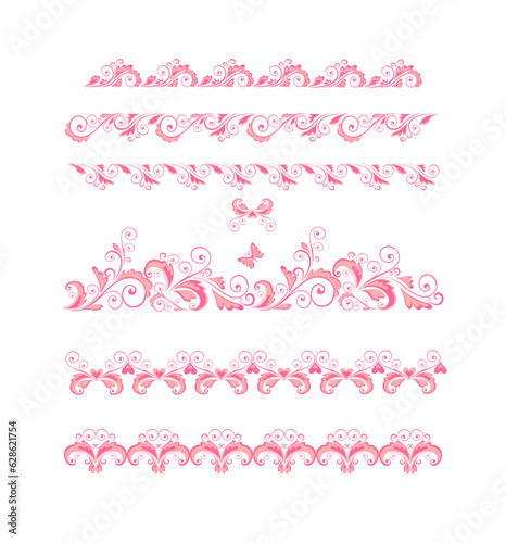Beautiful pink floral decorative seamless borders set for baby girl arrival greeting card, fashion embroidery, book decor or wedding in Barbie style. Part 2 © Eva105