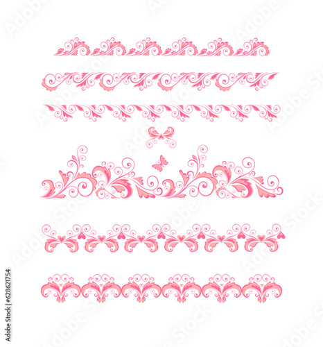 Beautiful pink floral decorative seamless borders set for baby girl arrival greeting card, fashion embroidery, book decor or wedding in Barbie style. Part 2