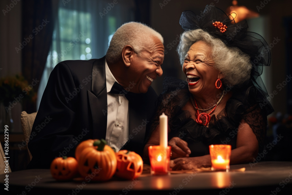 Happy elderly couple wearing Halloween costumes laughing.