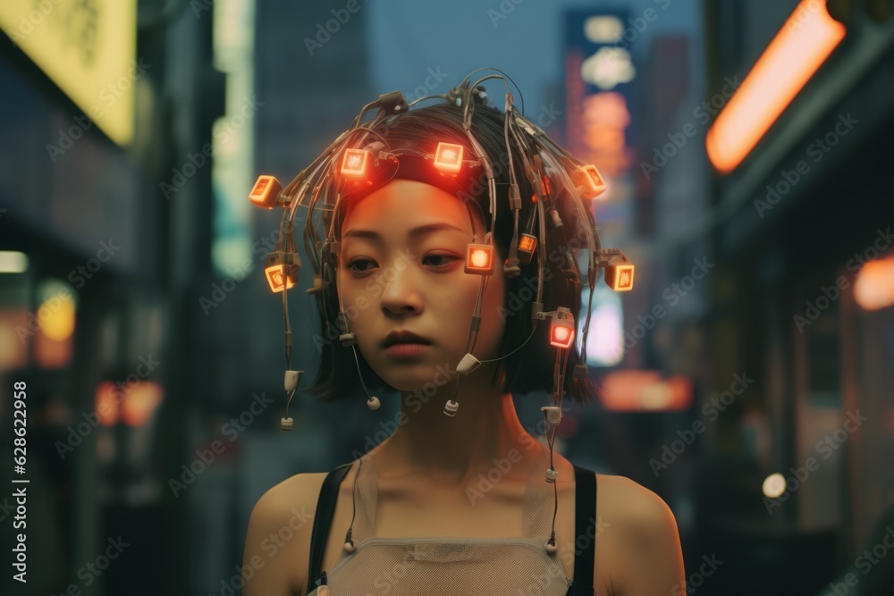 an asian woman in a city with lights on her head