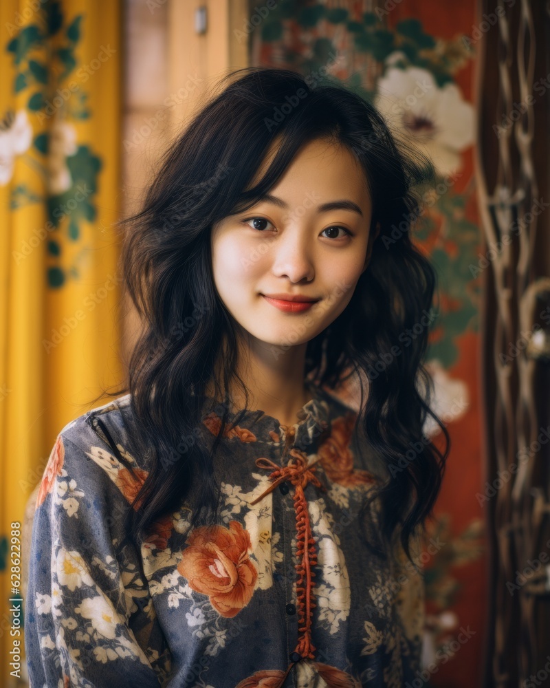 an asian woman in a floral dress standing in front of a floral wall an asian woman in a floral dress standing in front of a floral wall