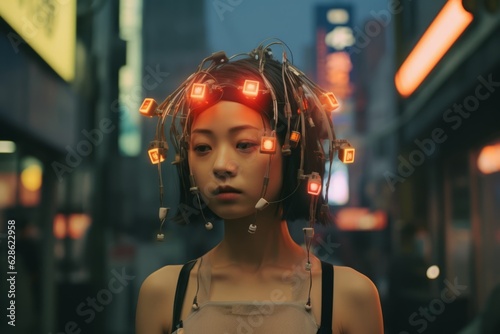 an asian woman in a city with lights on her head