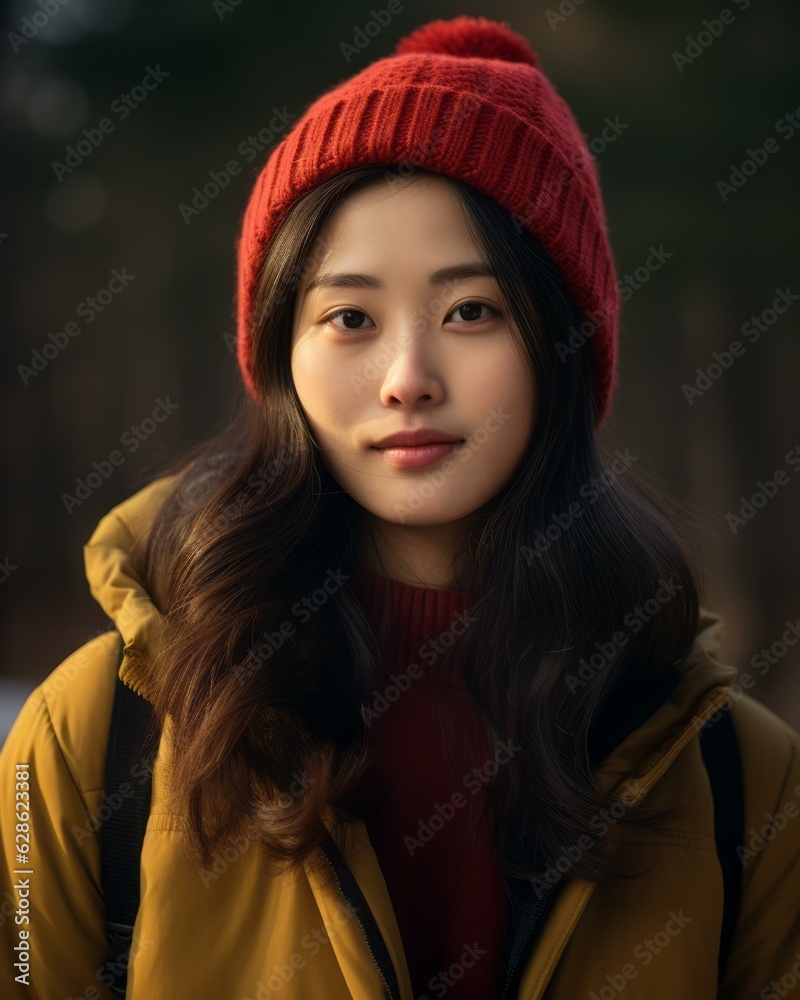an asian woman wearing a red beanie an asian woman wearing a red beanie