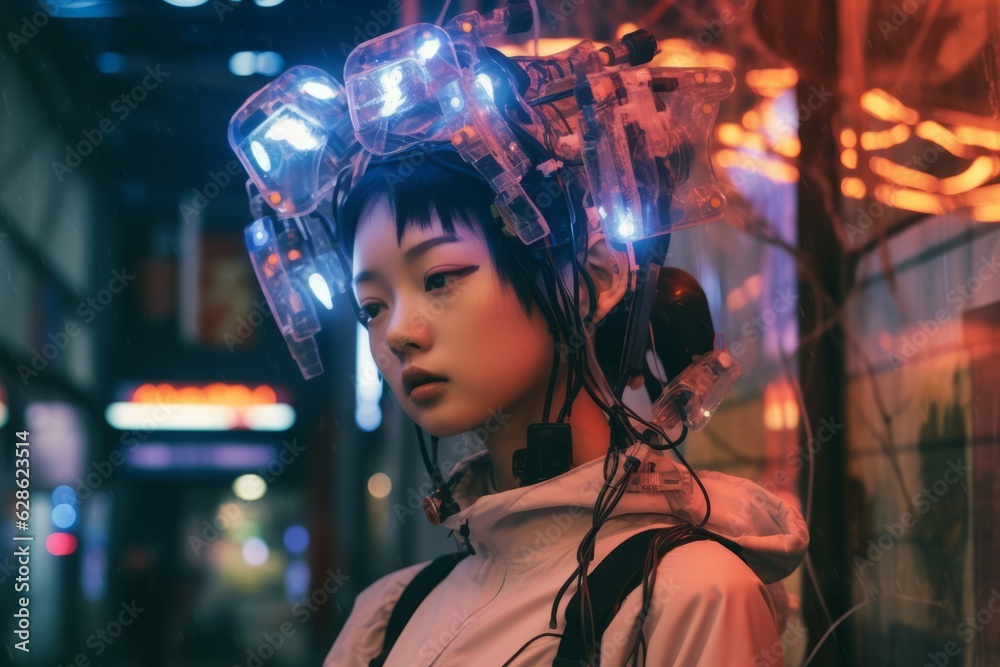 Fototapeta premium an asian woman with headphones on in a city at night