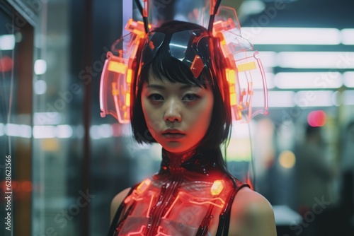 an asian woman with neon lights on her head