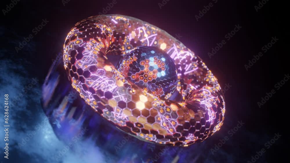 Loop 3d animation. Abstract geometric figure of a set of hexagons. A torus of metal segments and a spherical core in the center. Futuristic composition for abstract background screensavers. Loop 3d animation. Abstract geometric figure of a set of hexagons. A torus of metal segments and a spherical core in the center. Futuristic composition for abstract background screensavers.