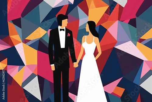 an illustration of a bride and groom standing in front of a colorful geometric background photo