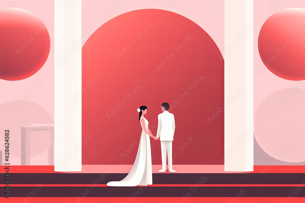 an illustration of a bride and groom standing on a red carpet an illustration of a bride and groom standing on a red carpet