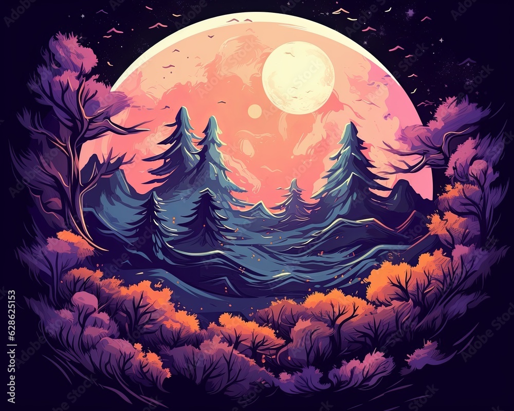 an illustration of a forest with a full moon in the background