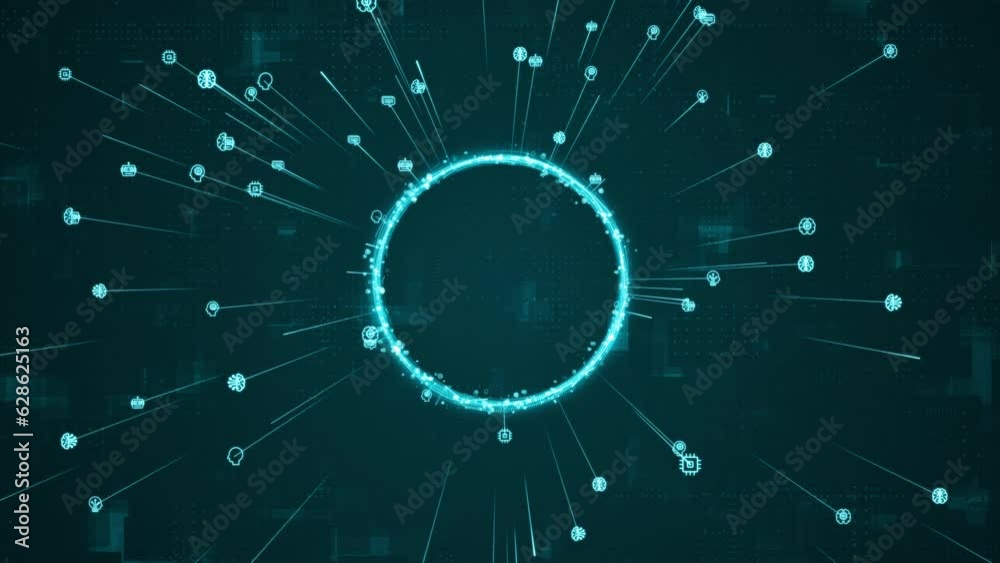 Motion graphic of Blue digital AI icons ring rotation around logo with ai icon spread and line linked on abstract background with Ai chatbot and machine learning technology concept