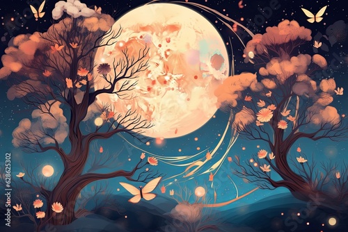 an illustration of a full moon with butterflies flying around it