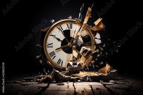 broken shattered clock on a black background, out of time concept