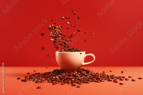 Splashing of the Coffee bean with around a white mug in the studio light on red bgackground. Generative AI.