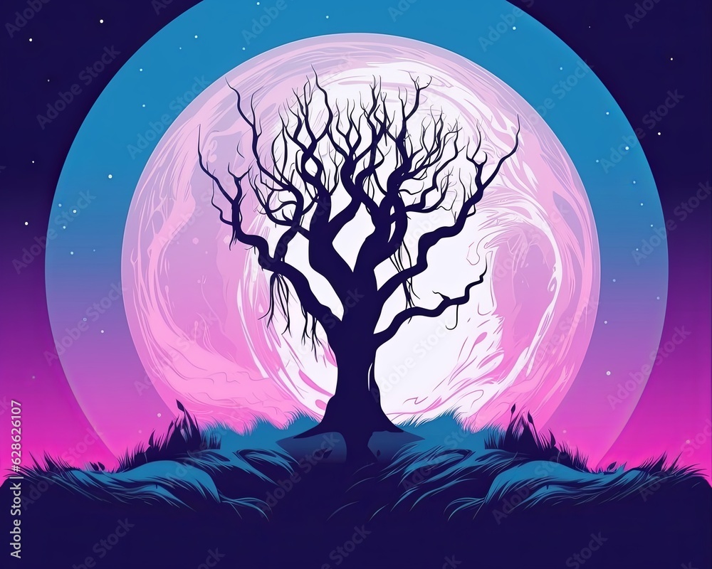 an illustration of a tree in front of a full moon