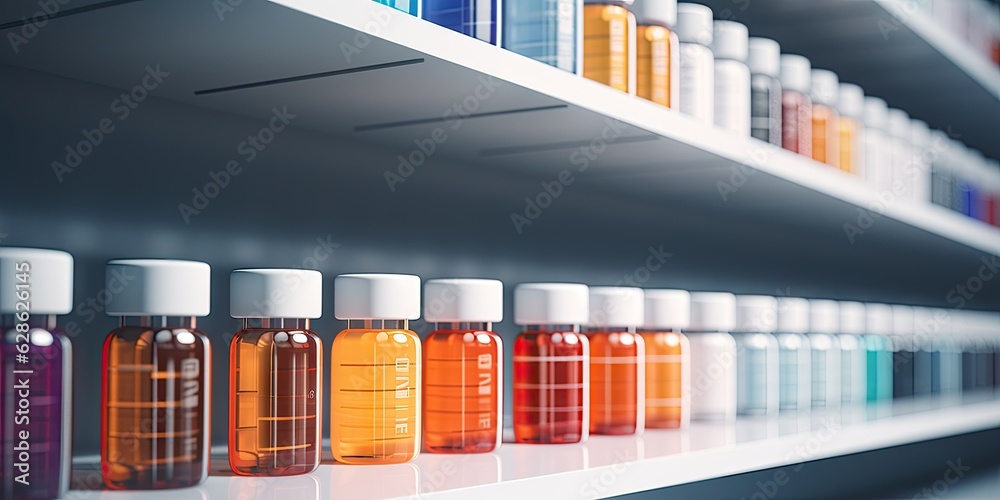 stocks are stacked on a shelf with various types of medication Generative AI