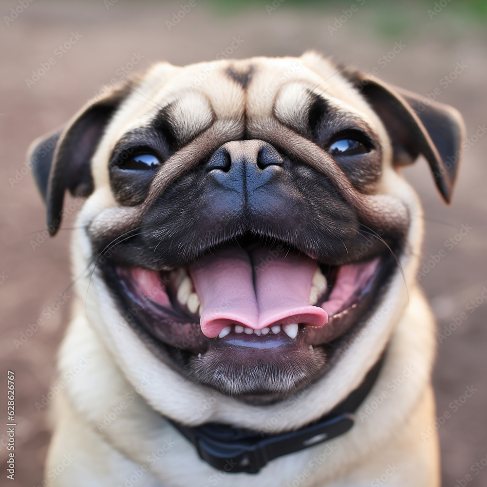 Pug dog breed laughs smiles, close-up portrait, funny photo with animal pets 