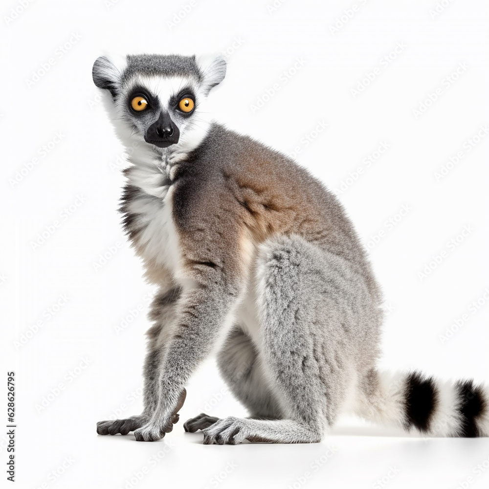 Fototapeta premium Madagascar lemur Lemur catta close-up isolated on white, cute exotic animal 