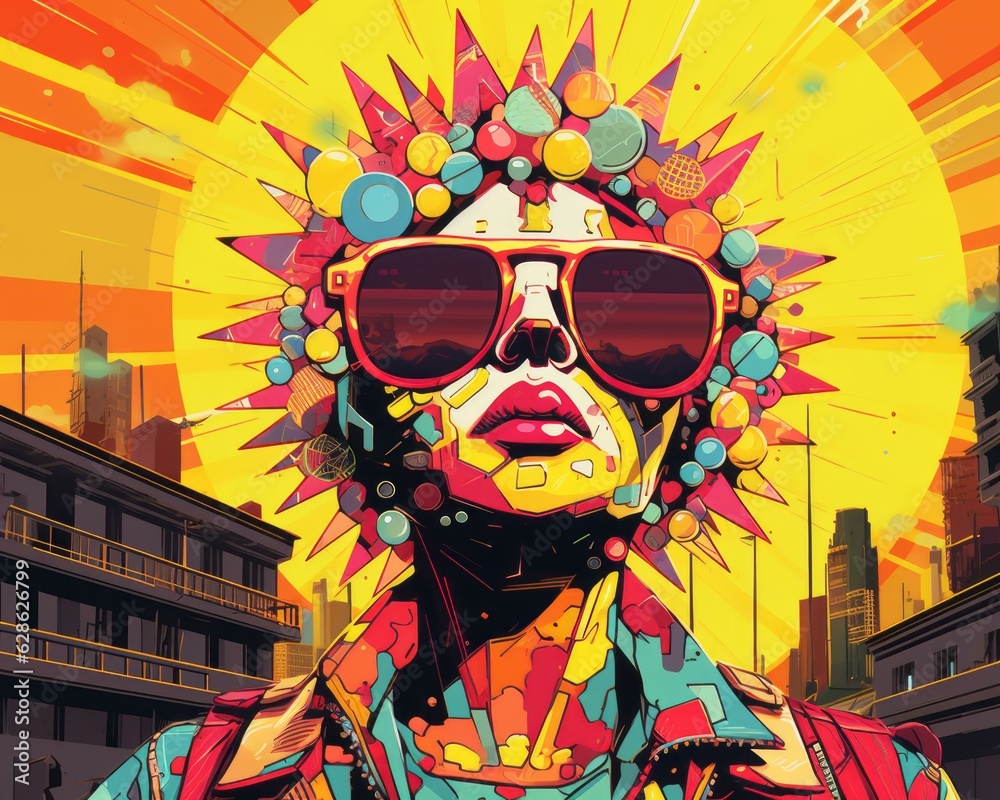 an illustration of a woman wearing sunglasses and a flower crown on her head