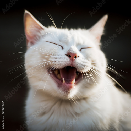 White cat laughs, smiles, rejoices, close-up portrait, funny photos with pets