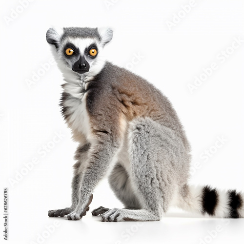Madagascar lemur Lemur catta close-up isolated on white, cute exotic animal 