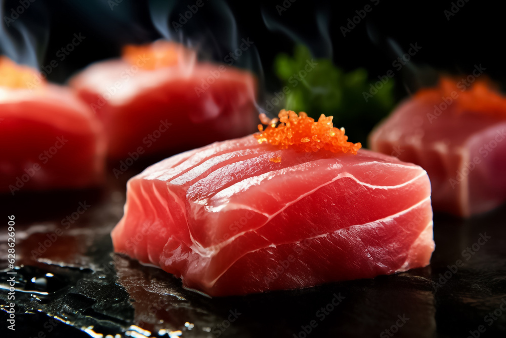Close up to 3d Model Mocking up the sliced raw tuna piece cube with salmonkun isolated on black background. Tuna sashimi, raw fish in traditional Japanese style. Generative AI. Close up to 3d Model Mocking up the sliced raw tuna piece cube with salmonkun isolated on black background. Tuna sashimi, raw fish in traditional Japanese style. Generative AI.