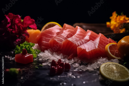 Close up to 3d Model Mocking up the sliced raw tuna piece cube with salmonkun isolated on black background. Tuna sashimi, raw fish in traditional Japanese style. Generative AI.