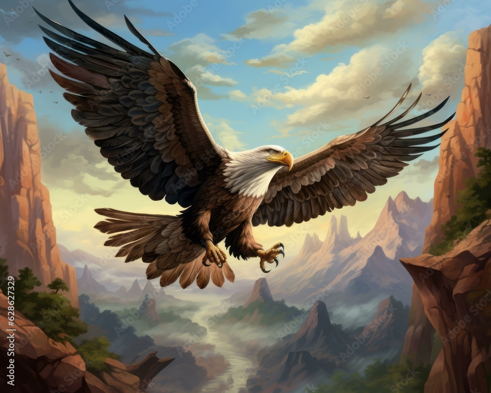 Fototapeta premium an illustration of an eagle flying over a mountain range