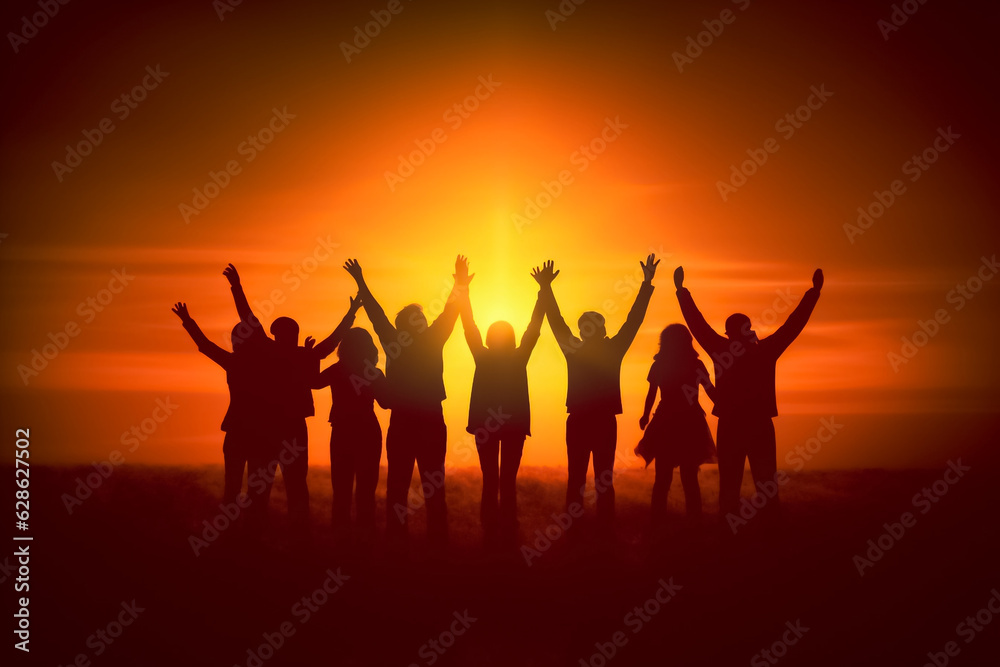 Big group of people having fun in success victory and happy pose with raised arms on mountain top against sunset lakes and mountains. Generative AI. Big group of people having fun in success victory and happy pose with raised arms on mountain top against sunset lakes and mountains. Generative AI.