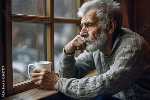 Thoughtful senior man looking out of his window and drinking coffee