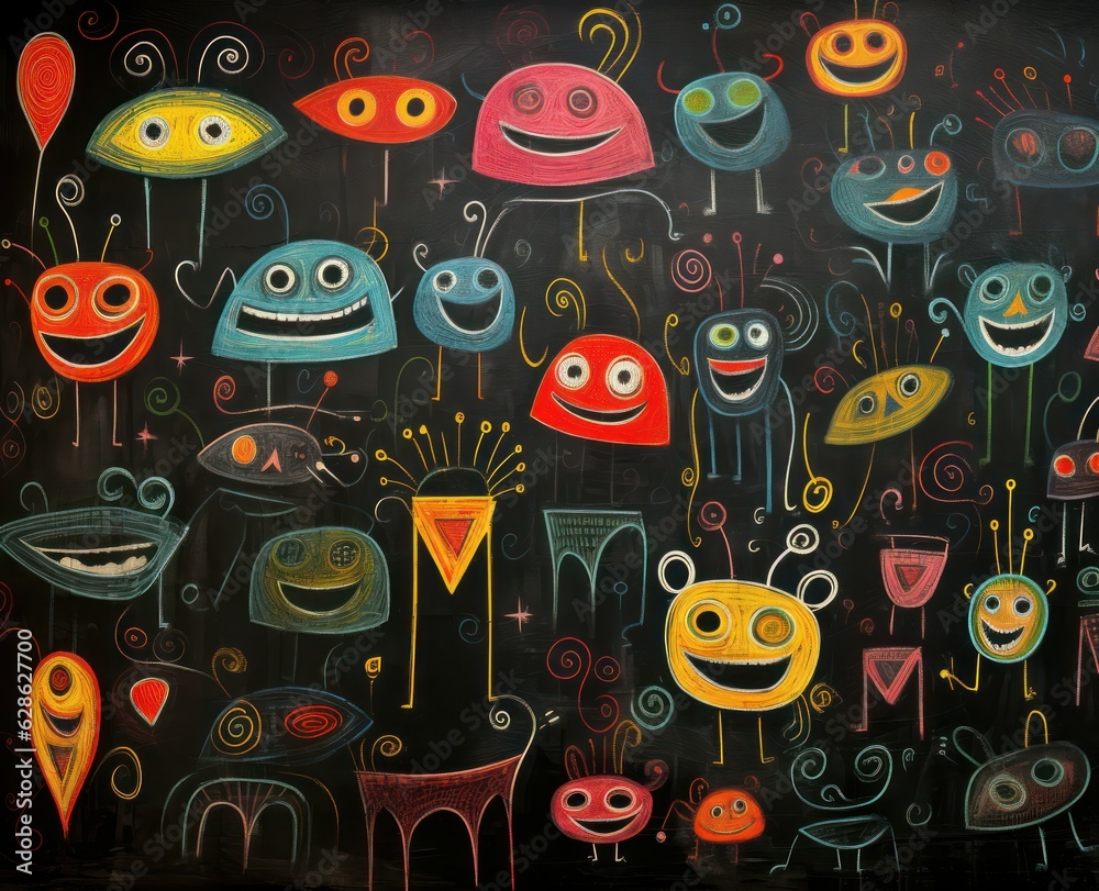 Classroom Chalk Art Depicting Cute, Vibrant, Hand-Drawn Monsters - Generative AI Classroom Chalk Art Depicting Cute, Vibrant, Hand-Drawn Monsters - Generative AI