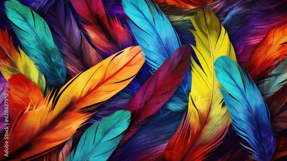Vibrant Rainbow Feathers: A Shiny Bohemian Style Banner Background - Generative AI 