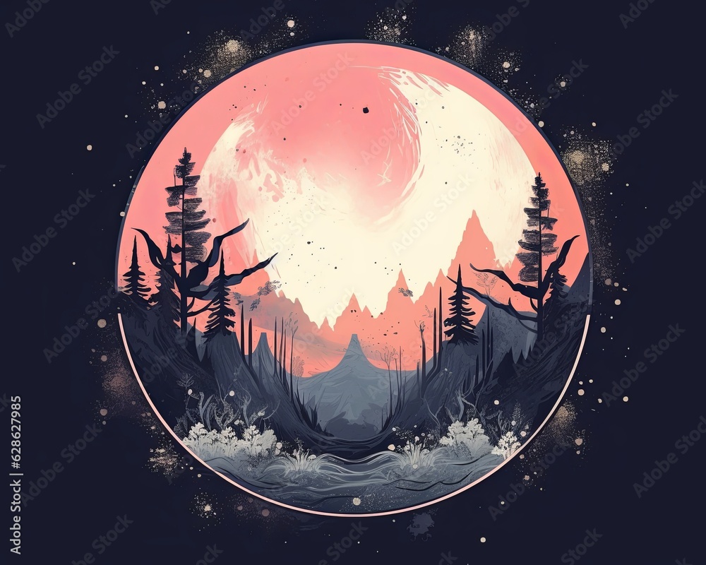 Naklejka premium an illustration of the night sky with trees and mountains