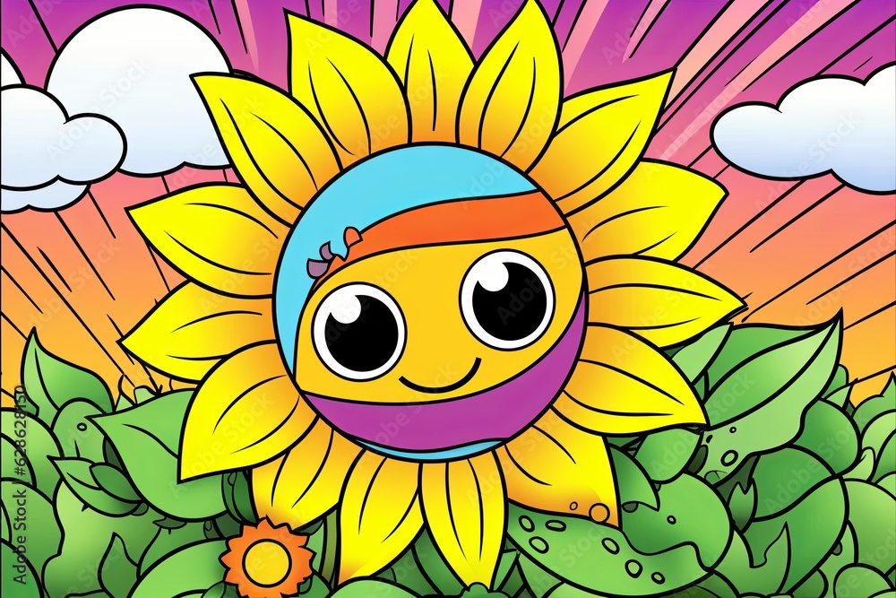 an image of a cartoon sunflower with eyes and a smile