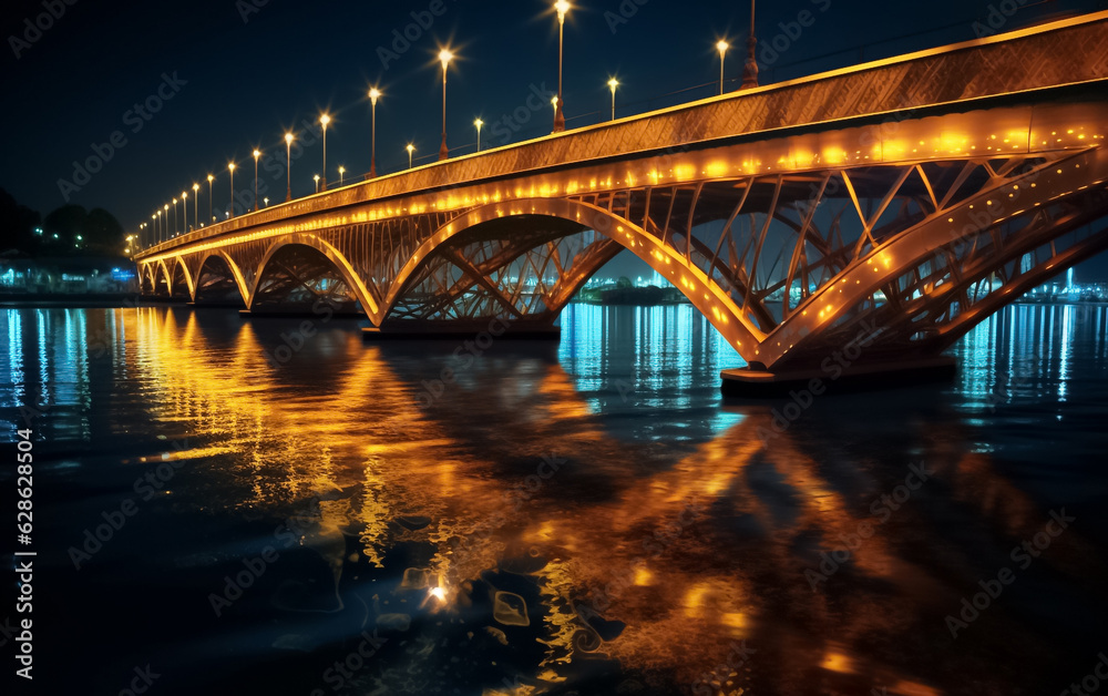 Highway bridge across a river. Sunset at the bridge across river. Bridge across river against sunset sky. Generative AI. Highway bridge across a river. Sunset at the bridge across river. Bridge across river against sunset sky. Generative AI.
