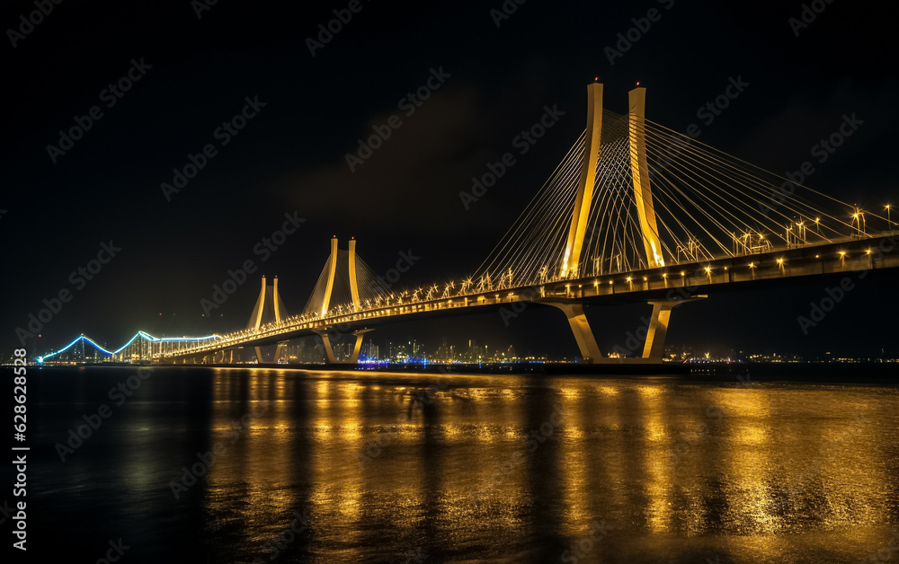 Fototapeta premium Highway bridge across a river. Sunset at the bridge across river. Bridge across river against sunset sky. Generative AI.