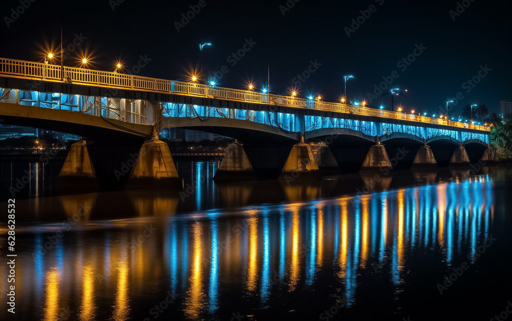Highway bridge across a river. Sunset at the bridge across river. Bridge across river against sunset sky. Generative AI. Highway bridge across a river. Sunset at the bridge across river. Bridge across river against sunset sky. Generative AI.