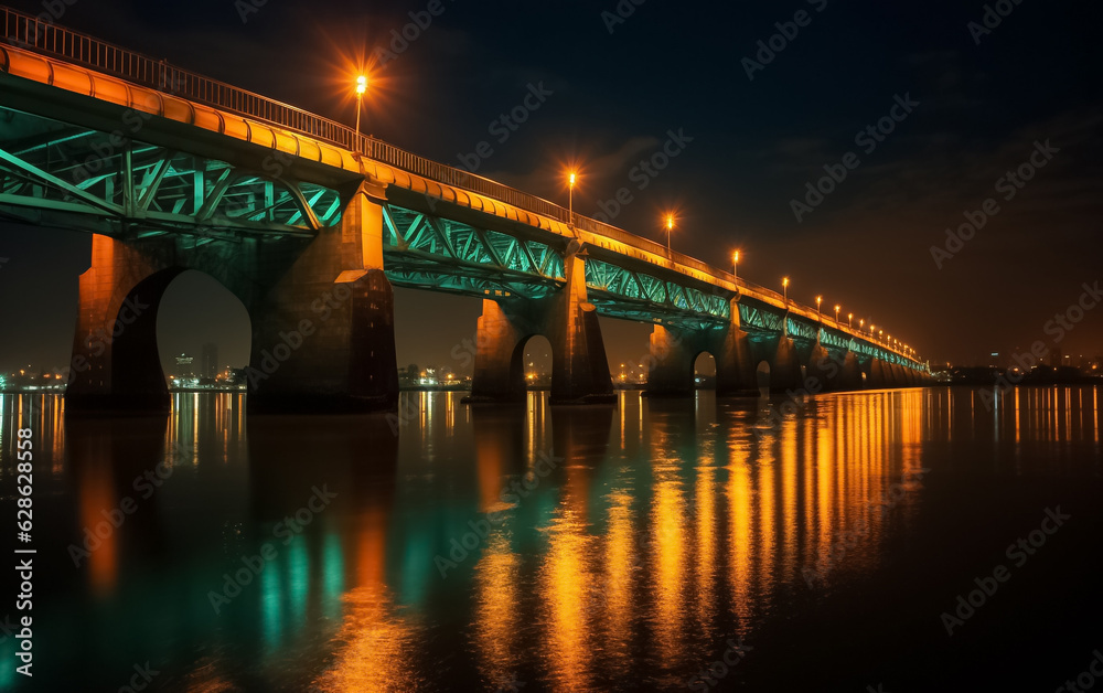 Highway bridge across a river. Sunset at the bridge across river. Bridge across river against sunset sky. Generative AI.