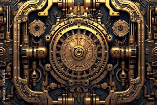 an image of a gold and black background with gears
