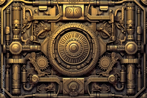 an image of a golden metal wall with gears and gears