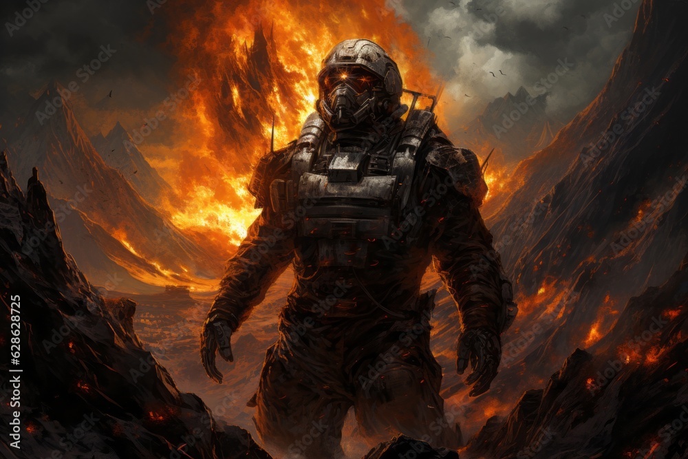 an image of a man standing in front of a burning mountain