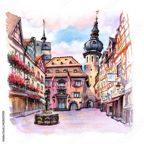 Watercolor sketch of Cochem Town Hall, Saint Martin Church and Market square, Germany photo