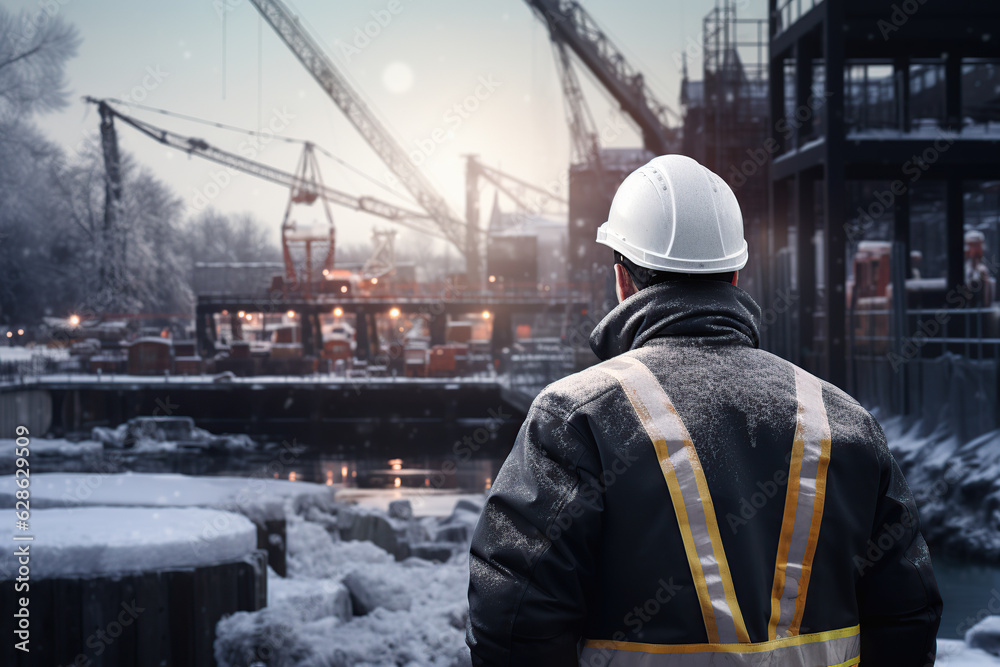 construction worker is looking at crane on the snow construction worker is looking at crane on the snow