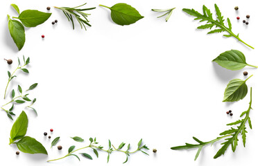 frame / border PNG Food design element. Spices and herbs with real transparent shadow on transparent background. Variety of spices and mediterranean herbs.