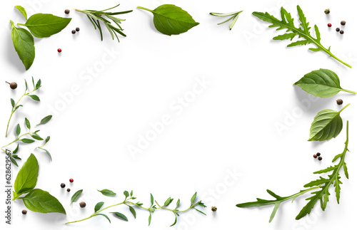 frame / border PNG Food design element. Spices and herbs with real transparent shadow on transparent background. Variety of spices and mediterranean herbs.